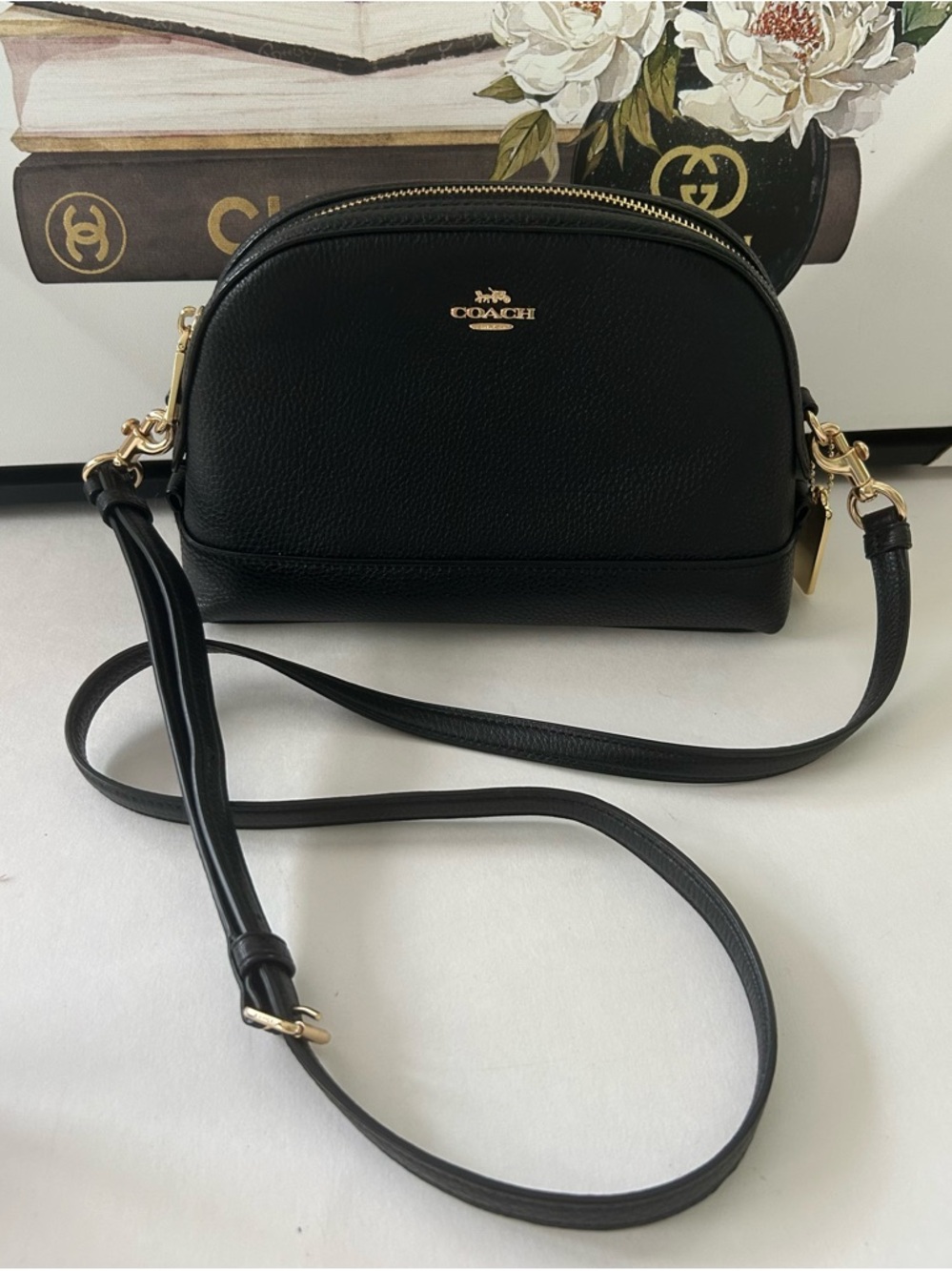 Coach Black Leather Crossbody Bag structured Camera Bag Gold Hardware - Picture 3 of 13